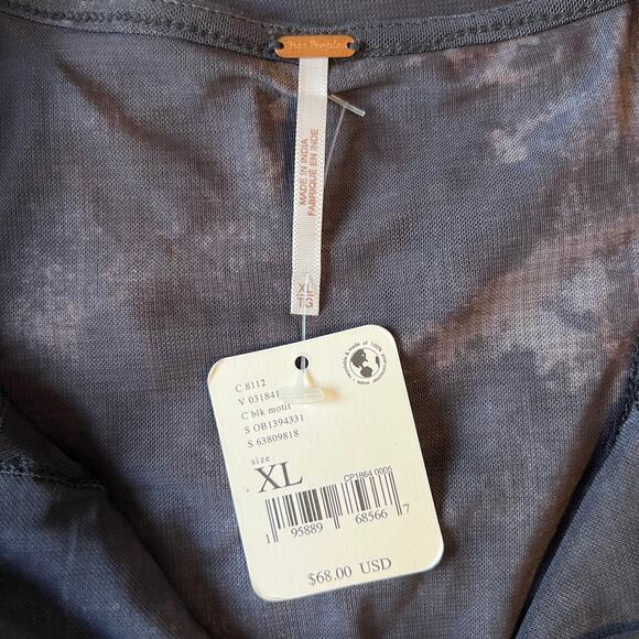 Free People NWT All Night Black Combo Sheer Long Sleeves Ruched Blouse Size XL - Picture 4 of 16